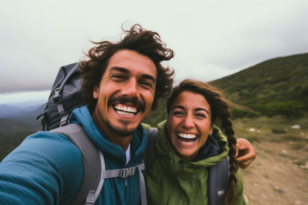 Latinx couple hiking selfie recreation. AI generated Image by rawpixel.