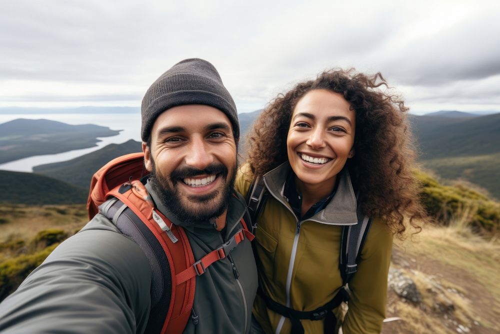Latinx couple hiking selfie recreation. AI generated Image by rawpixel.