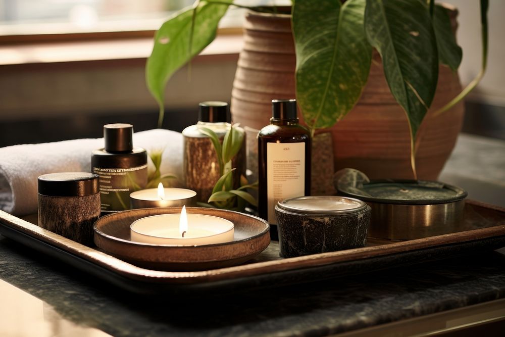 Spa equipment on tray candle container variation. AI generated Image by rawpixel.