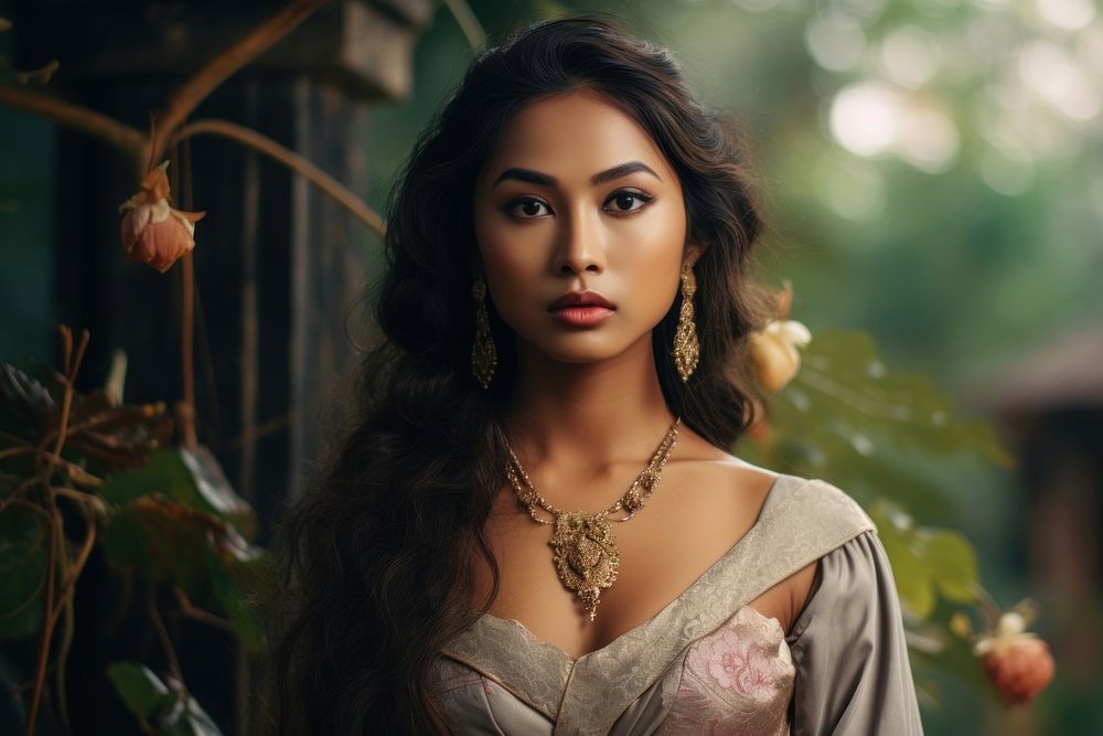 Thai woman posing outdoors portrait necklace jewelry. AI generated Image by rawpixel.
