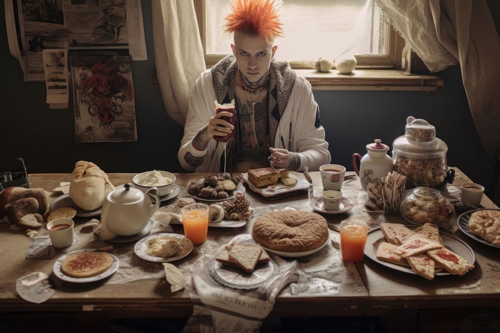 Punk style morning breakfast table plate food. AI generated Image by rawpixel.