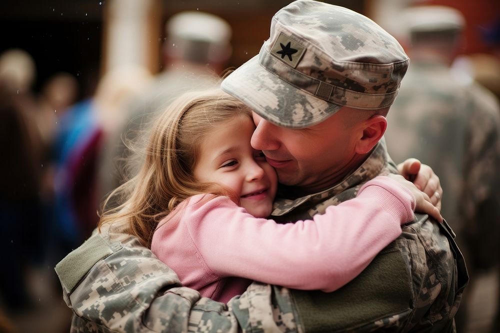 Mlitary hugging military portrait. AI generated Image by rawpixel.