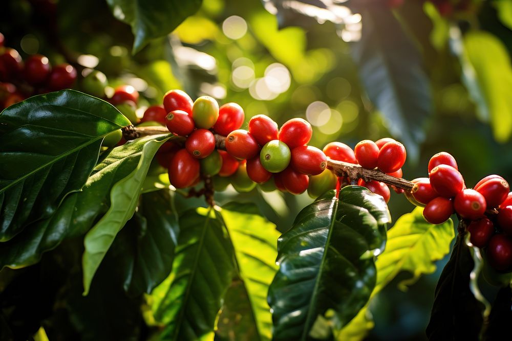 Branches loaded with coffee cherries plant outdoors cherry. AI generated Image by rawpixel.