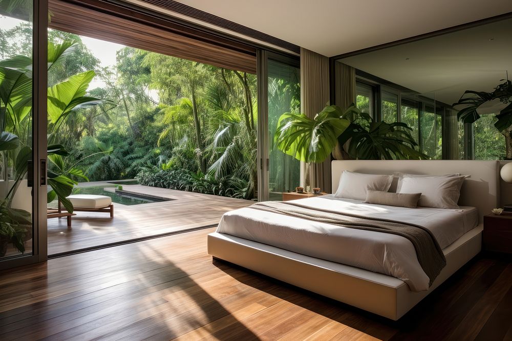 Bedroom floor furniture tropics. AI generated Image by rawpixel.