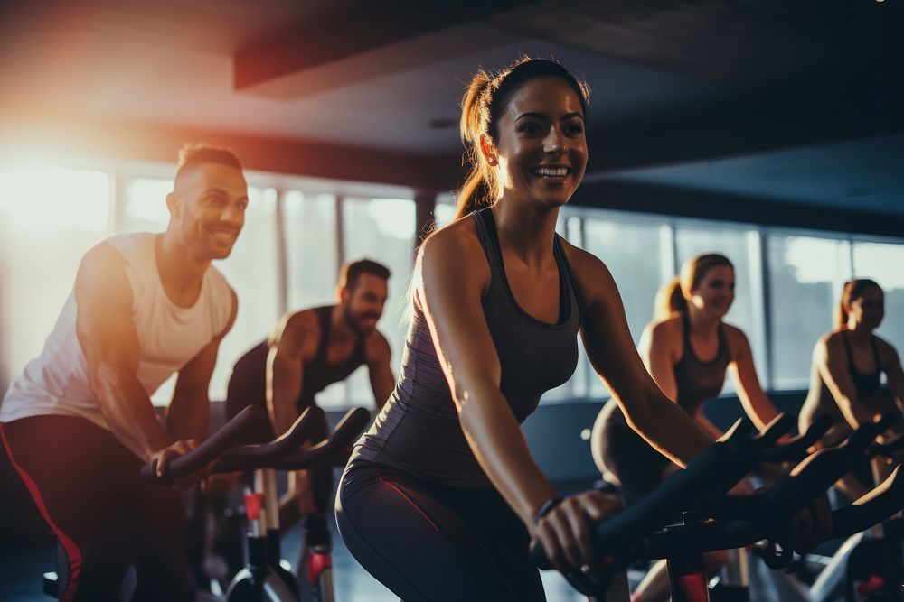 Group of people doing indoor cycling sports adult gym. AI generated Image by rawpixel.
