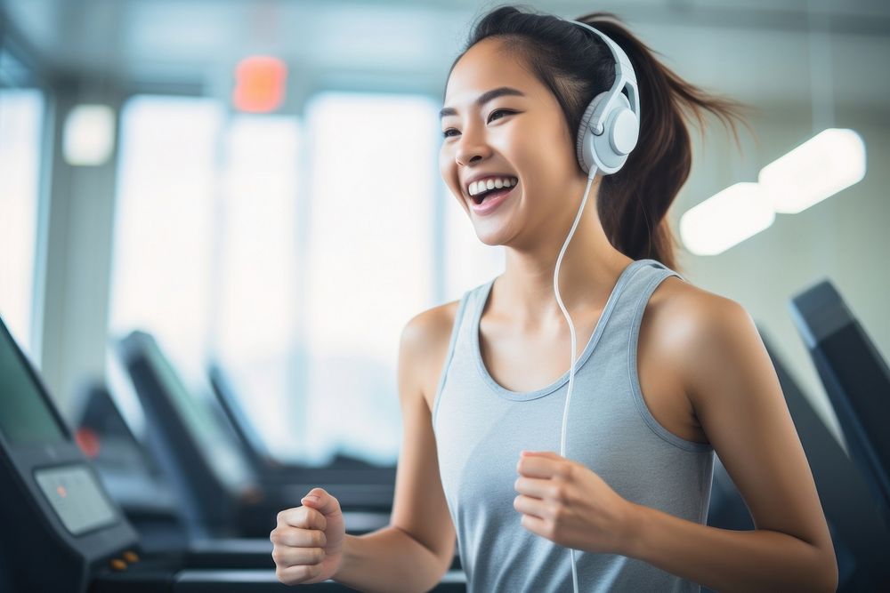 Young asian woman running on treadmill headphones listening headset. AI generated Image by rawpixel.