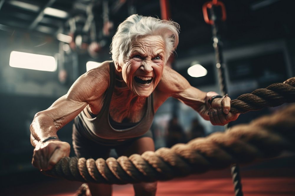 Old woman exercising with battle rope at the gym sports adult determination. AI generated Image by rawpixel.