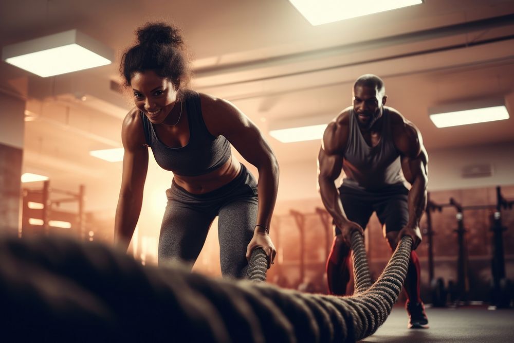Two people with a battle rope exercise fitness sports adult. AI generated Image by rawpixel.
