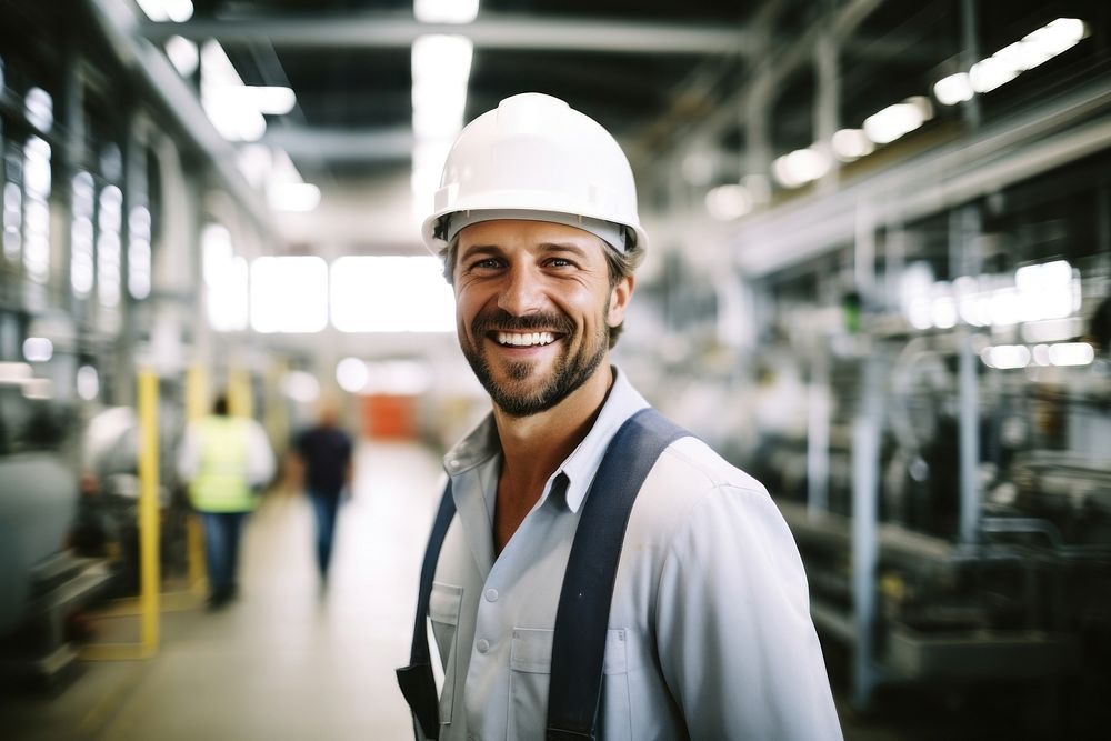 Man smiling factory hardhat. 