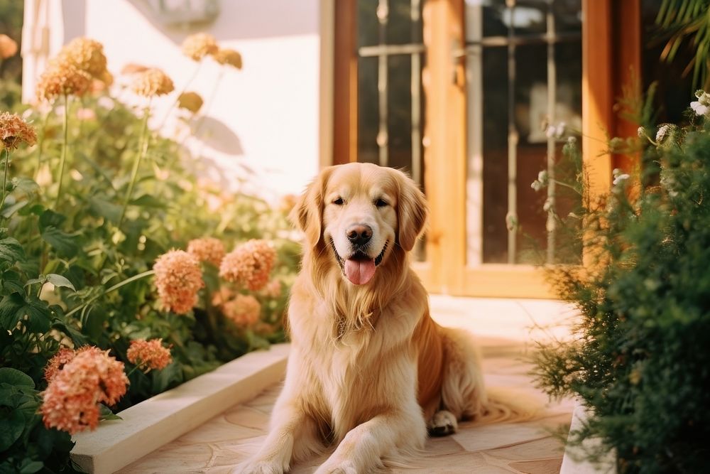 Golden retriever animal mammal flower. AI generated Image by rawpixel.