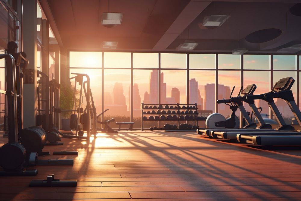 A scence of a gym in the morning treadmill sports architecture. AI generated Image by rawpixel.