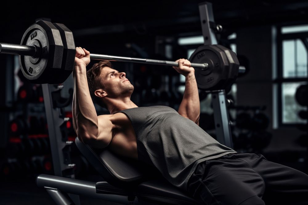 Man with a dumbbell bench press position fitness sports adult. AI generated Image by rawpixel.