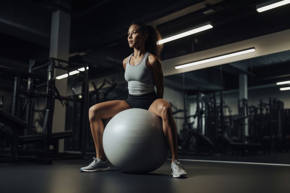 Female while raising legs with a large ball gym sports adult. AI generated Image by rawpixel.