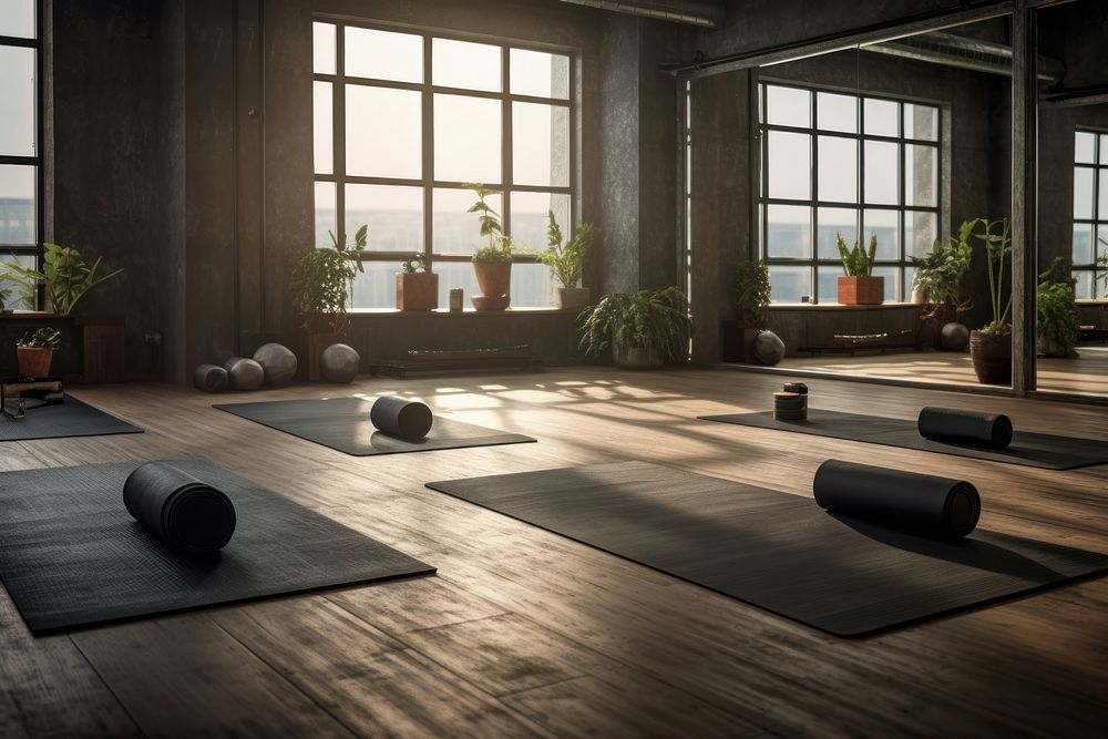 Yoga set on a floor flooring fitness sports. 
