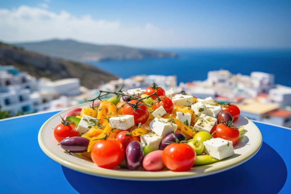 Greek salad plate food blue. AI generated Image by rawpixel.
