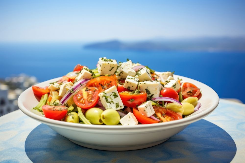 Greek salad plate food meal. AI generated Image by rawpixel.