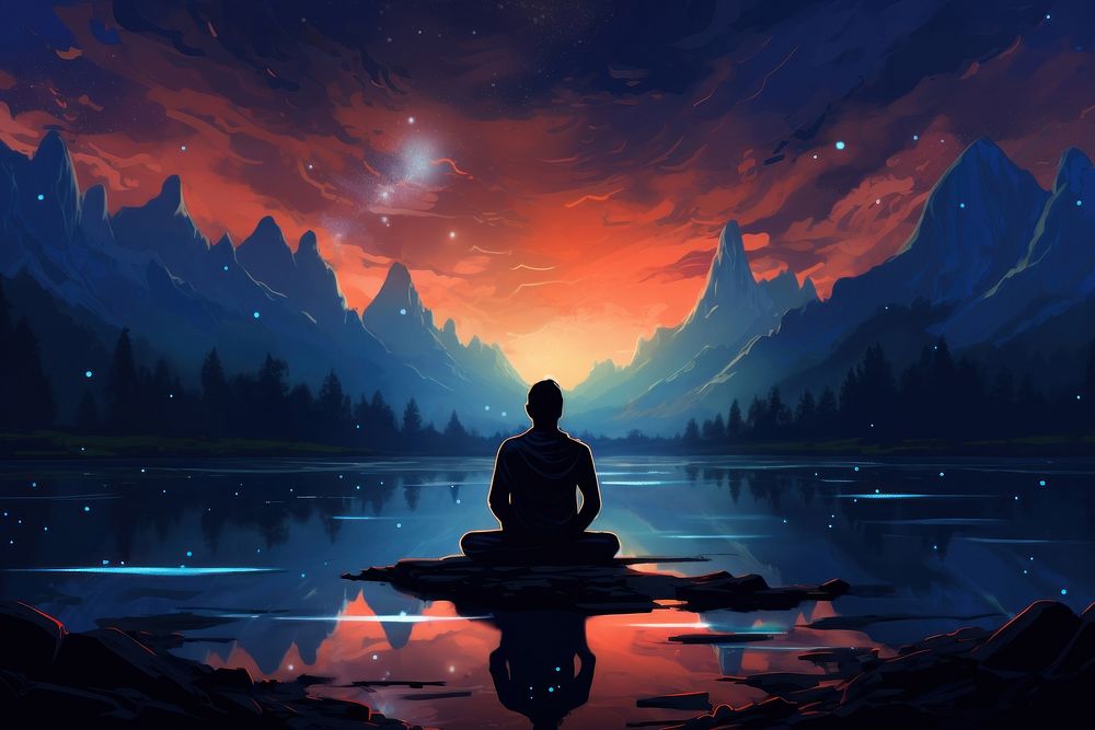 Man sitting in space meditating landscape outdoors. AI generated Image by rawpixel.