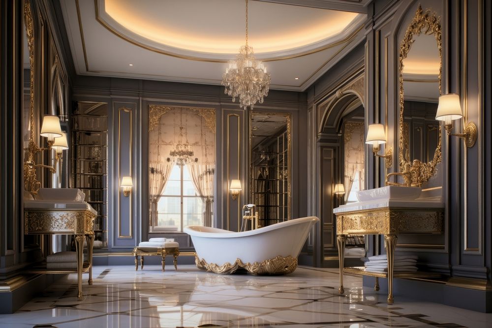 Interior luxury bathroom architecture chandelier building. AI generated Image by rawpixel.