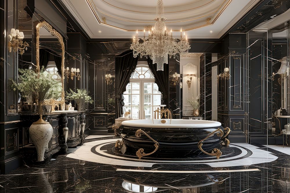 Interior luxury bathroom architecture chandelier building. AI generated Image by rawpixel.