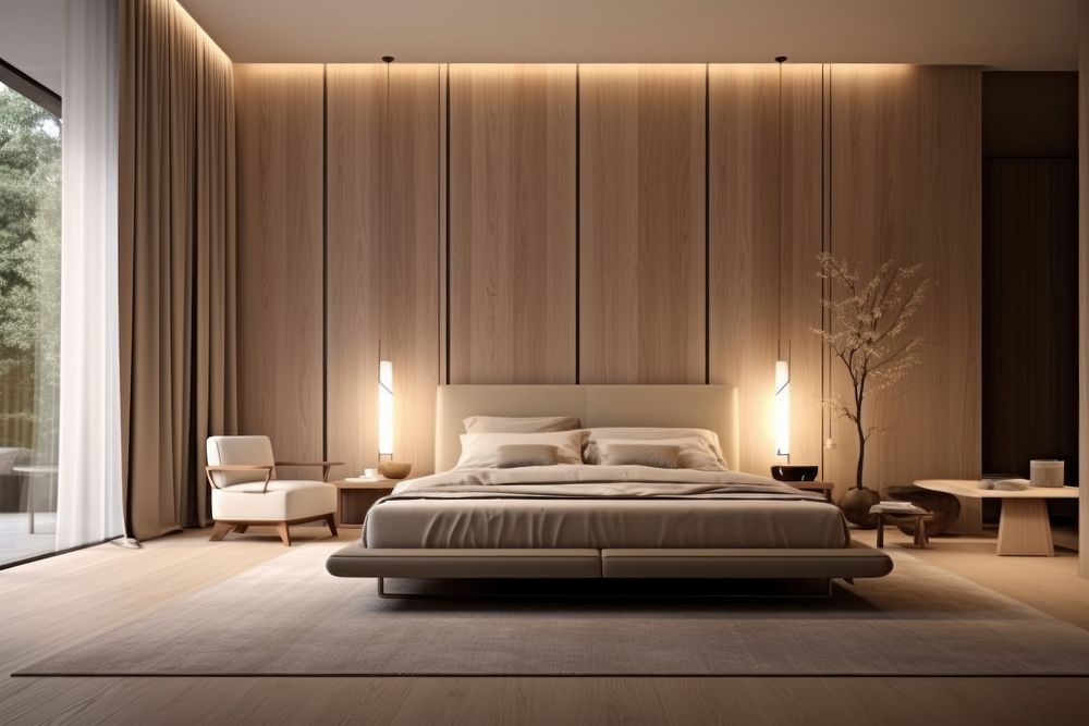 Luxury modern apartment bedroom furniture indoors. 