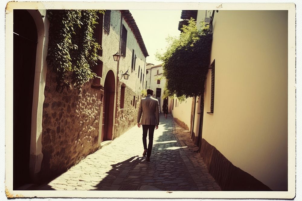 Man walking alley cobblestone. AI generated Image by rawpixel.