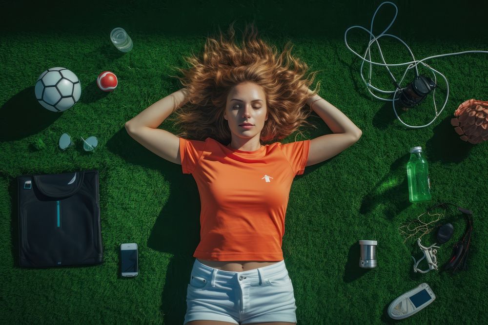 Woman lying outside sports grass football. AI generated Image by rawpixel.