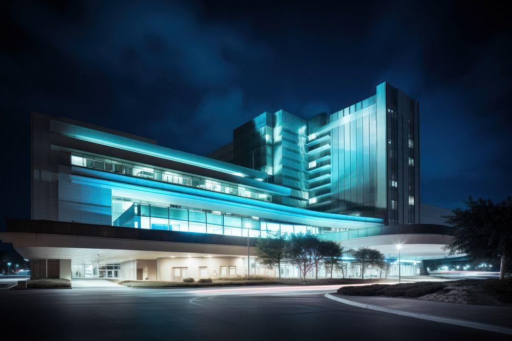 Modern hospital building architecture night city. AI generated Image by rawpixel.