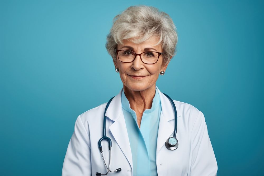 Doctor senior woman glasses adult blue. AI generated Image by rawpixel.