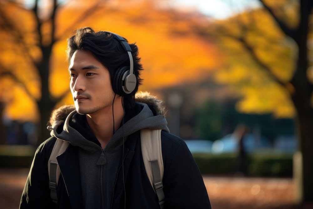 Japanese man headphones listening portrait. AI generated Image by rawpixel.