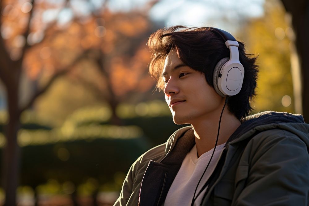 Japanese man headphones relaxation listening. AI generated Image by rawpixel.