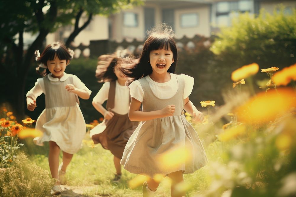Korean kids portrait outdoors flower. AI generated Image by rawpixel.