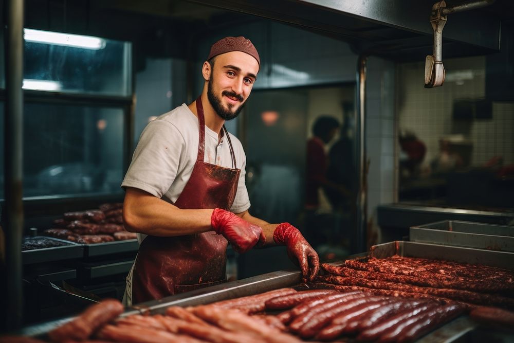 Anonymous male butcher meat standing sausage. AI generated Image by rawpixel.