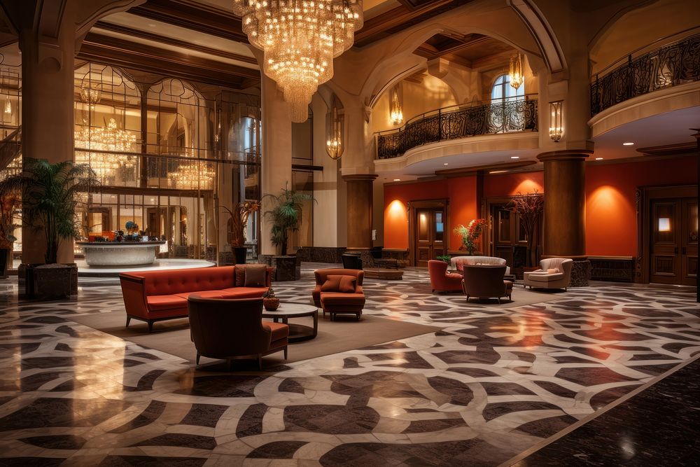 Modern hotel reception lobby architecture chandelier furniture. 