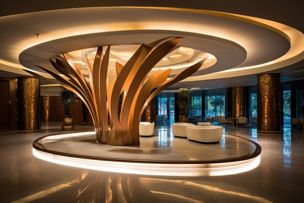 Modern hotel reception lobby architecture building plant. AI generated Image by rawpixel.