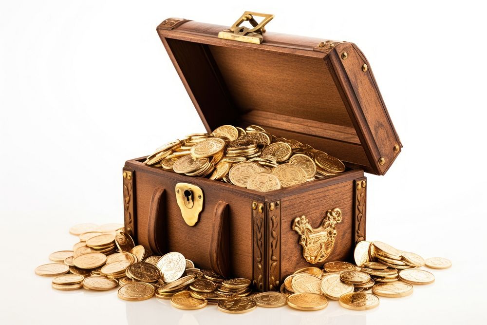 Vintage treasure chest gold coin white background. AI generated Image by rawpixel.
