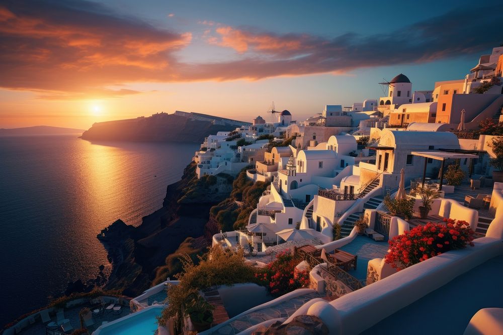 Santorini at sunset architecture tranquility landscape. AI generated Image by rawpixel.