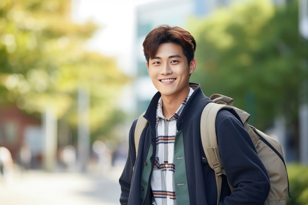 Korean man portrait backpack smile. AI generated Image by rawpixel.