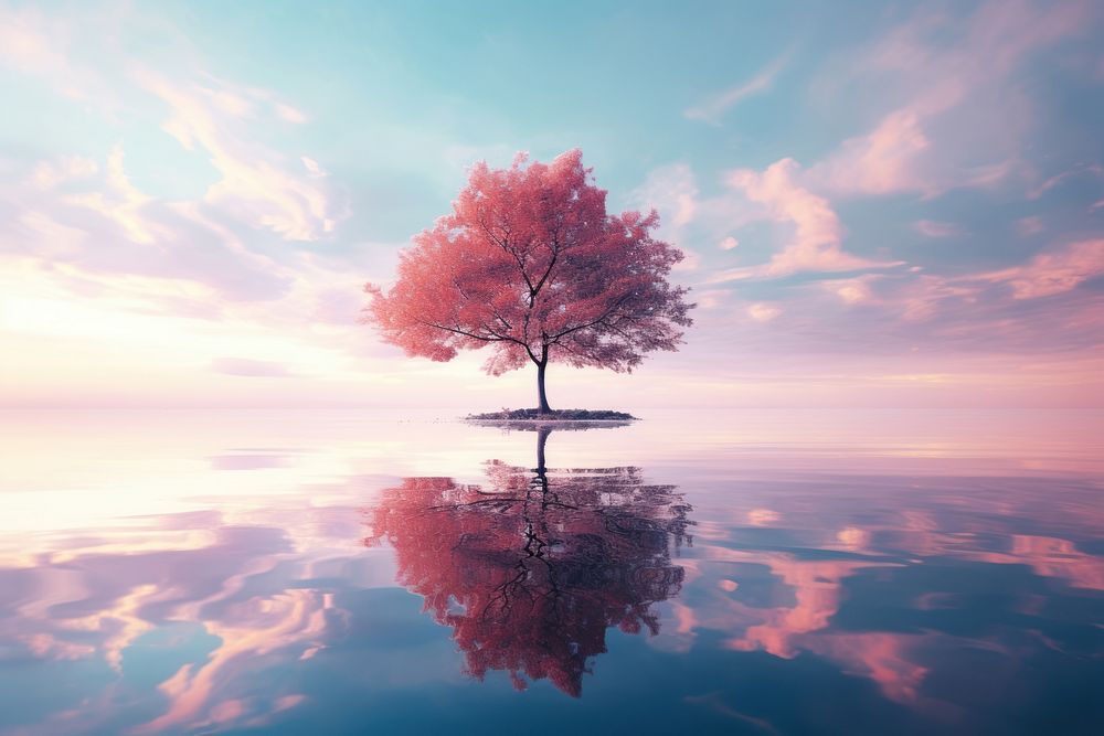 Big tree in the middle of water landscape sky outdoors. AI generated Image by rawpixel.