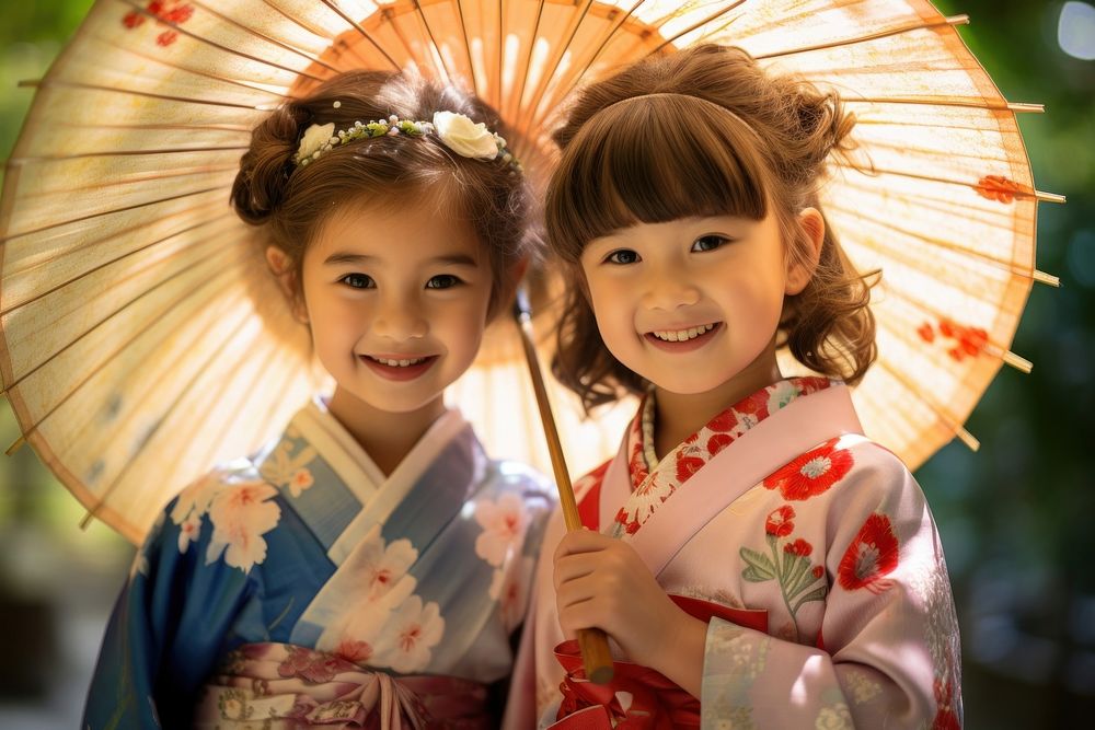 Japanese kids kimono parasol holding. AI generated Image by rawpixel.