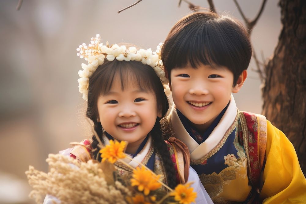 Korean kids flower adult smile. AI generated Image by rawpixel.