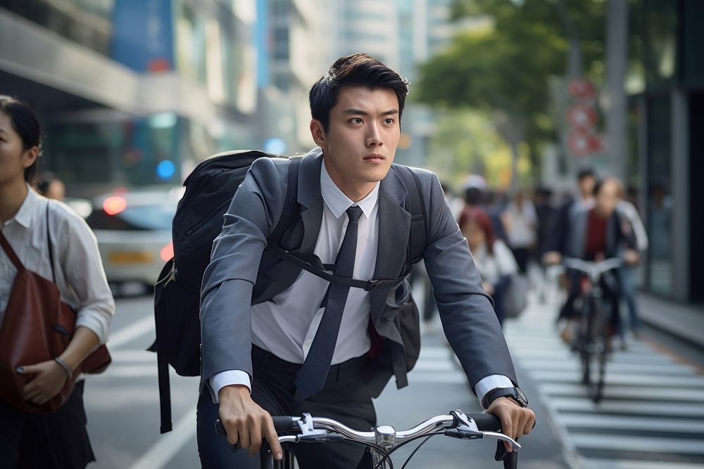 East asian man Korean cycling road. AI generated Image by rawpixel.