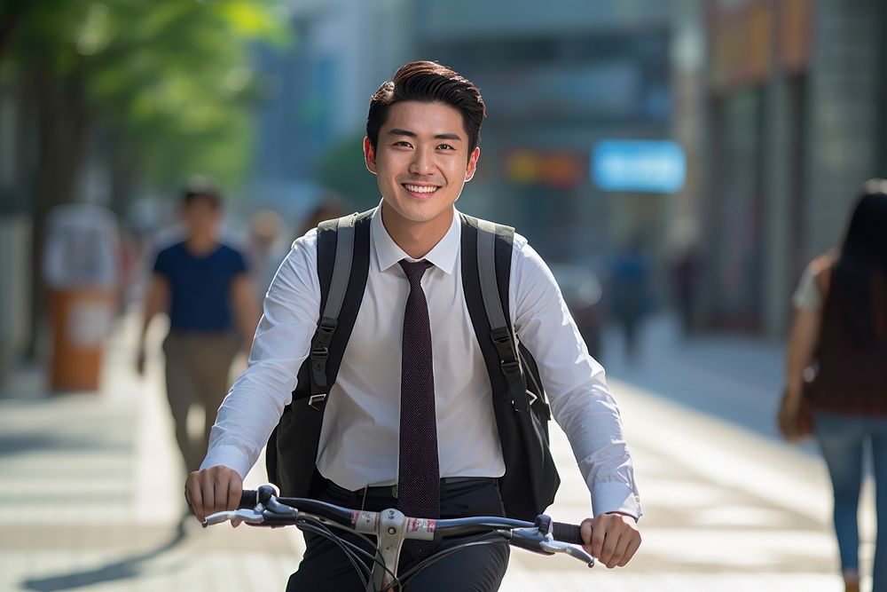 East asian man Korean commuter bicycle. AI generated Image by rawpixel.