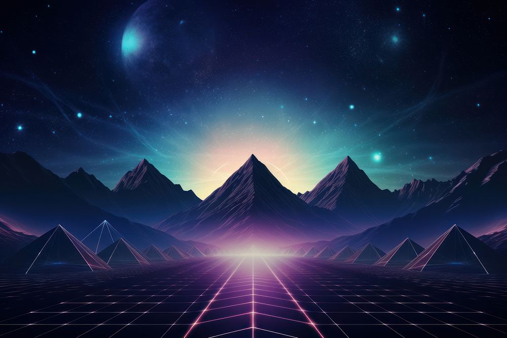Glowing grid lines landscape mountain galaxy. AI generated Image by rawpixel.