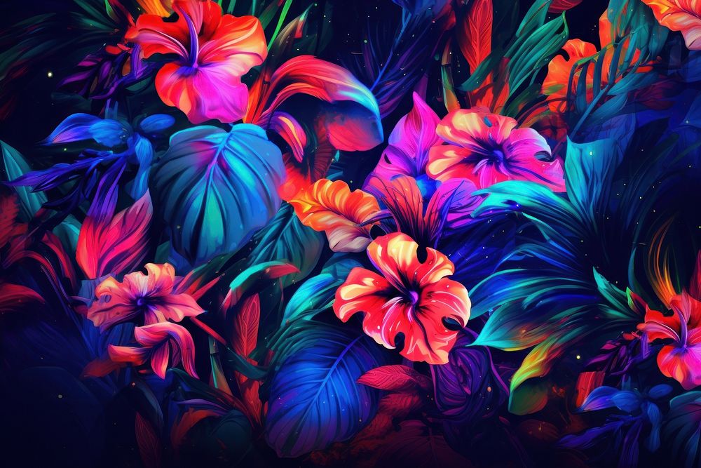 Tropical flowers and leaves frame pattern purple nature. AI generated Image by rawpixel.