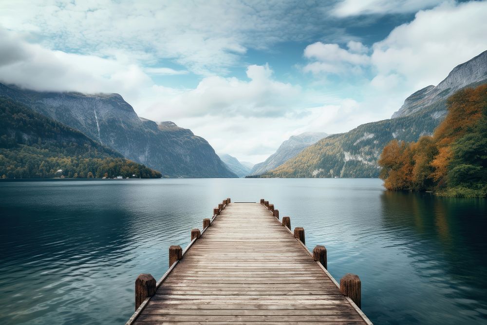 Wooden pier lake landscape outdoors. AI generated Image by rawpixel.