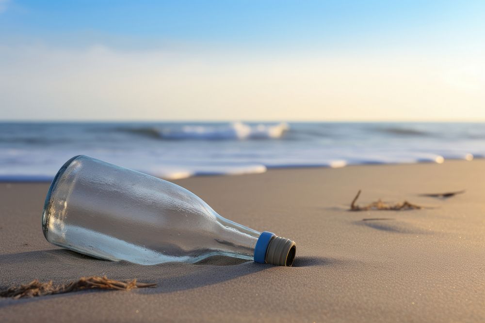 Bottle on the beach outdoors nature ocean. AI generated Image by rawpixel.