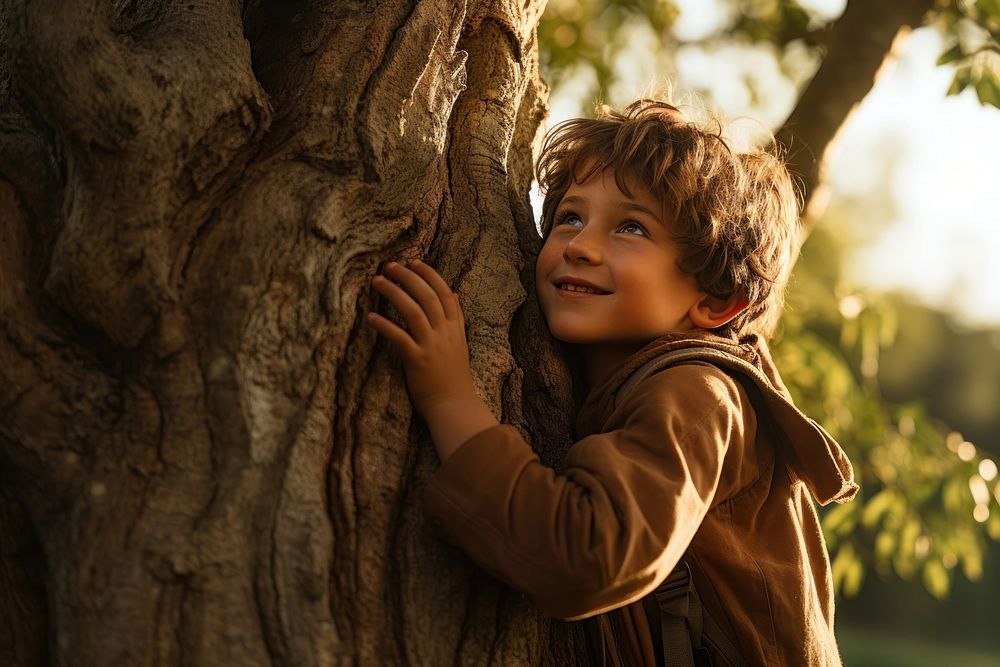 Kid hugging a big tree forest child contemplation. 