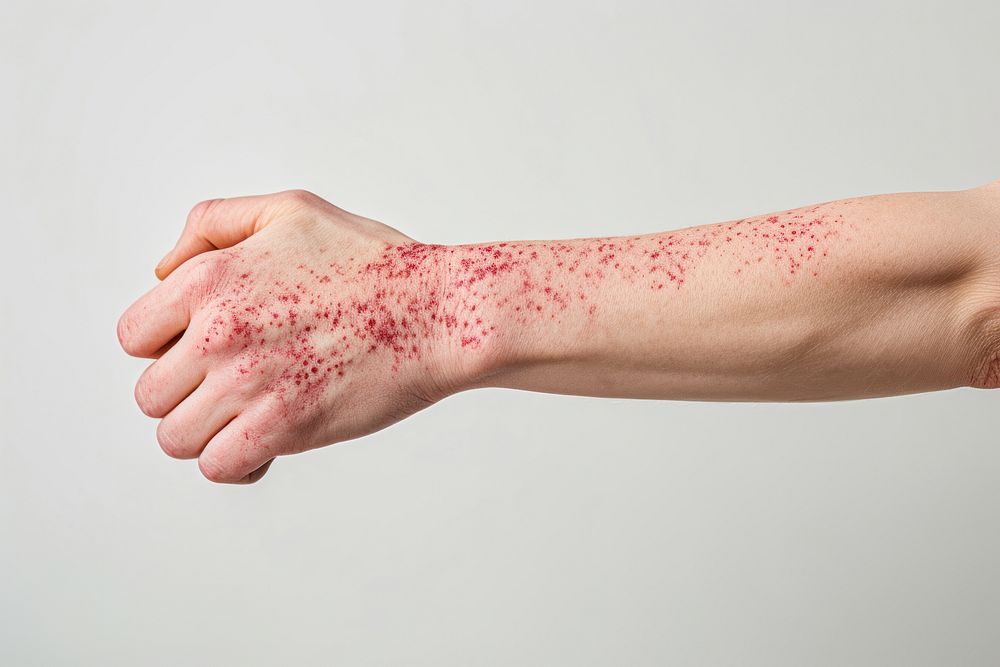A close-up photo of a Problema skin a hand red arm finger. AI generated Image by rawpixel.