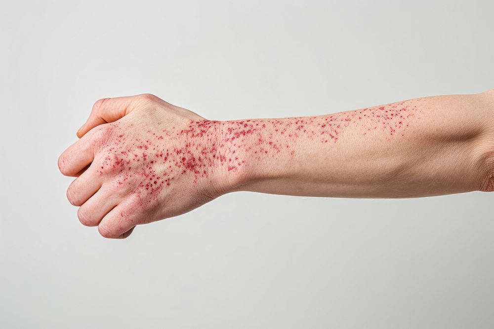 A close-up photo of a Problema skin a hand red arm finger. 