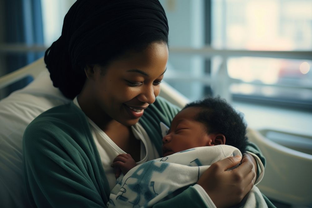 African American mother hold new baby born childbirth hospital newborn. AI generated Image by rawpixel.
